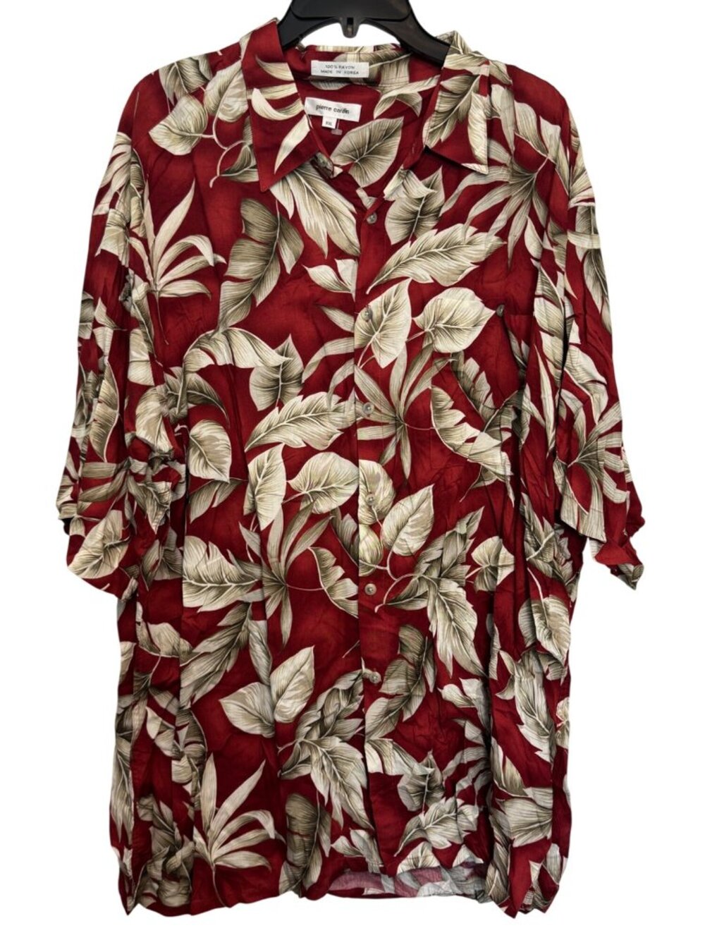 Pierre Cardin XXL Red Hawaiian Leaf Print Button-Up Shirt 100% Rayon Made In Kor